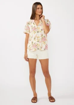 Waitlist 4/23 ♥ Clarissa Short Puff Sleeve Button Down Floral Print Top Natural