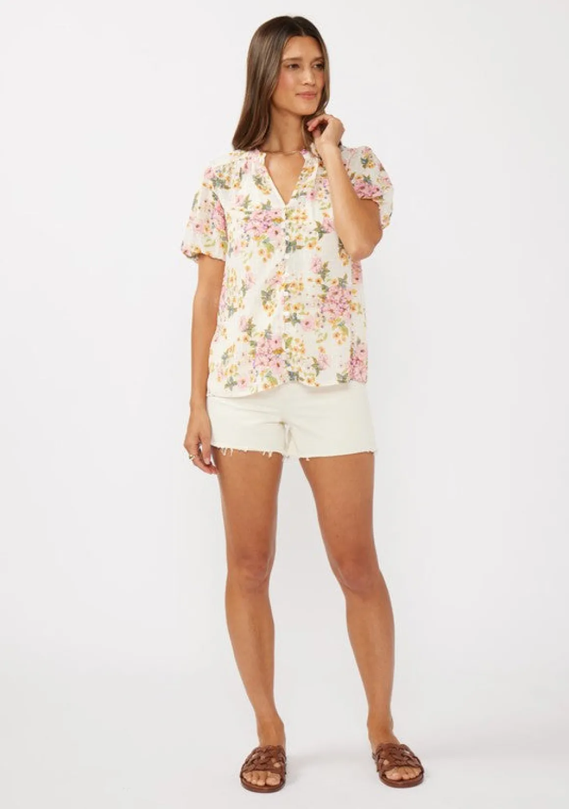 Waitlist 4/23 ♥ Clarissa Short Puff Sleeve Button Down Floral Print Top Natural