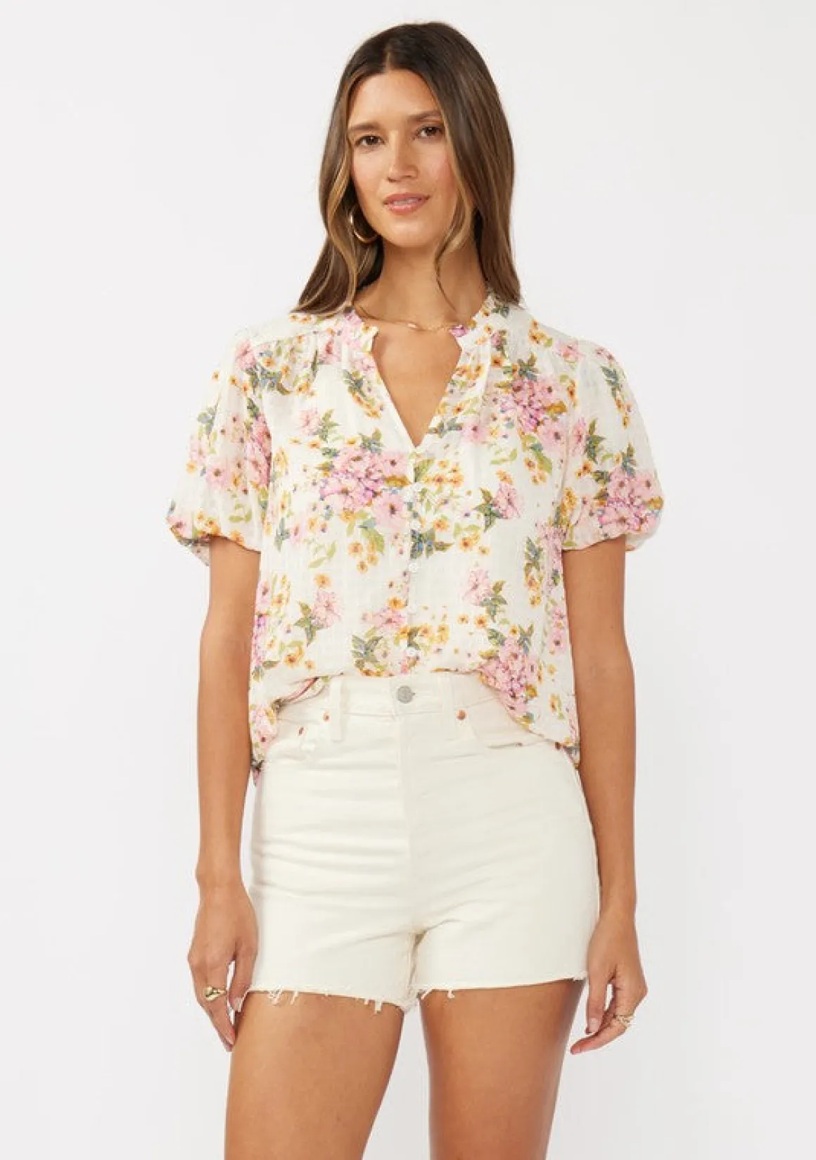 Waitlist 4/23 ♥ Clarissa Short Puff Sleeve Button Down Floral Print Top Natural