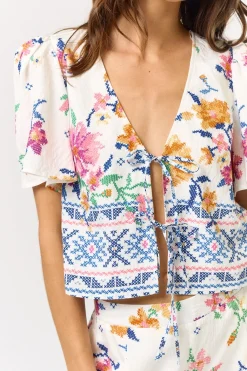 Waitlist 6/5 ♥ Colbie Flutter Sleeve Floral Print Front Tie Top White