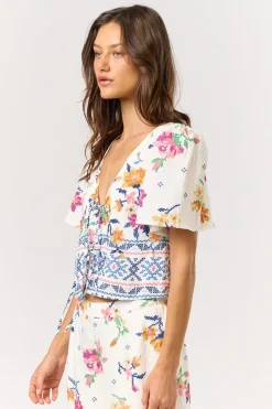 Waitlist 6/5 ♥ Colbie Flutter Sleeve Floral Print Front Tie Top White