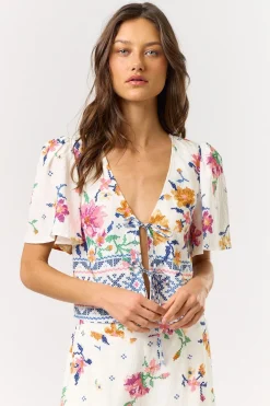 Waitlist 6/5 ♥ Colbie Flutter Sleeve Floral Print Front Tie Top White