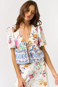 Waitlist 6/5 ♥ Colbie Flutter Sleeve Floral Print Front Tie Top White