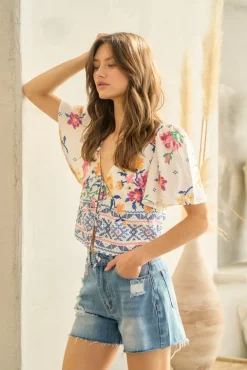Waitlist 6/5 ♥ Colbie Flutter Sleeve Floral Print Front Tie Top White