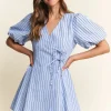 Waitlist 4/5 ♥︎ Dionne Short Puff Sleeve Stripe Print Wrap Mini Dress Blue