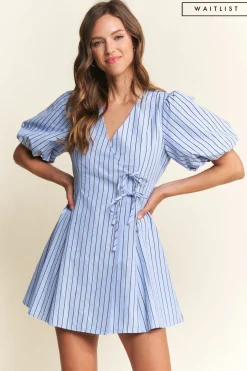 Waitlist 4/5 ♥︎ Dionne Short Puff Sleeve Stripe Print Wrap Mini Dress Blue