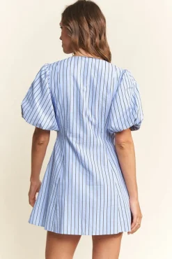 Waitlist 4/5 ♥︎ Dionne Short Puff Sleeve Stripe Print Wrap Mini Dress Blue