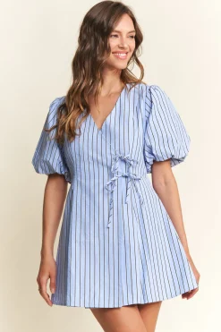 Waitlist 4/5 ♥︎ Dionne Short Puff Sleeve Stripe Print Wrap Mini Dress Blue