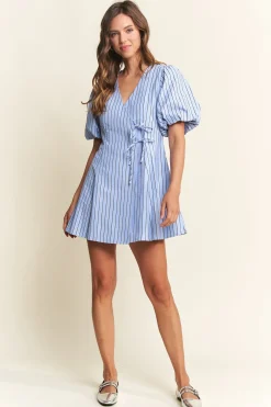 Waitlist 4/5 ♥︎ Dionne Short Puff Sleeve Stripe Print Wrap Mini Dress Blue