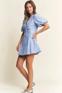 Waitlist 4/5 ♥︎ Dionne Short Puff Sleeve Stripe Print Wrap Mini Dress Blue