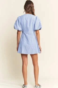 Waitlist 4/5 ♥︎ Dionne Short Puff Sleeve Stripe Print Wrap Mini Dress Blue