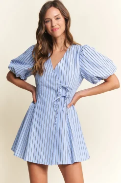 Waitlist 4/5 ♥︎ Dionne Short Puff Sleeve Stripe Print Wrap Mini Dress Blue