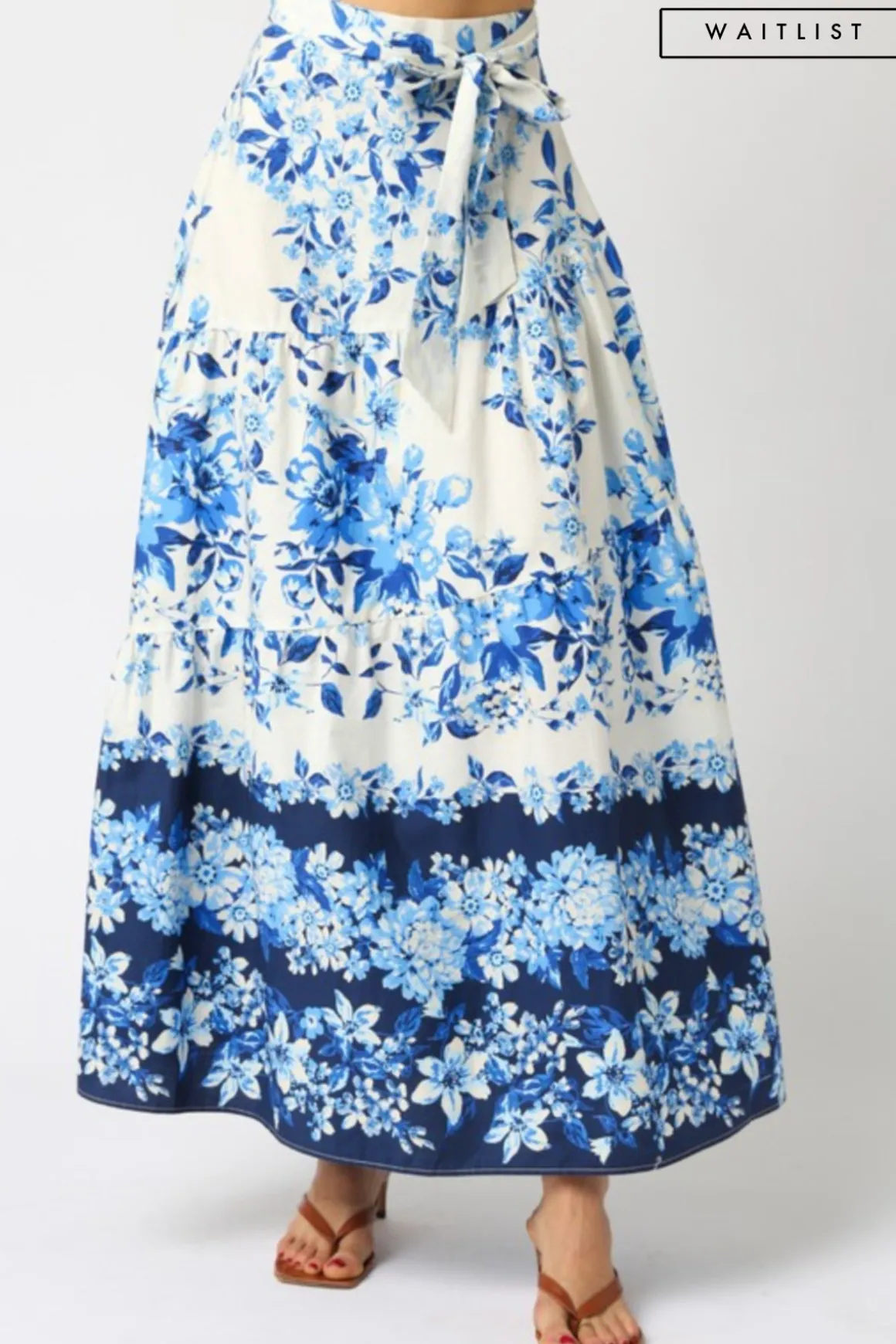 Waitlist 4/4 ♥ Donna High Waist Tie Floral Print Maxi Skirt Blue