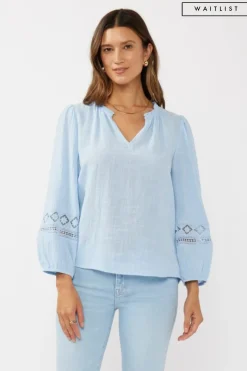 Waitlist 4/23 ♥ Ellie Long Sleeve Lace Trim Gauze Top Blue