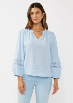 Waitlist 4/23 ♥ Ellie Long Sleeve Lace Trim Gauze Top Blue