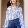 Waitlist 5/10 ♥ Elyse Long Sleeve Button Down Floral Print Top Blue