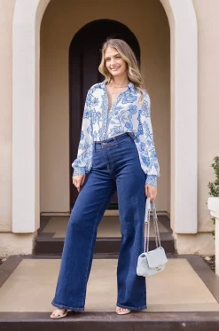 Waitlist 5/10 ♥ Elyse Long Sleeve Button Down Floral Print Top Blue