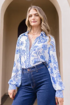 Waitlist 5/10 ♥ Elyse Long Sleeve Button Down Floral Print Top Blue