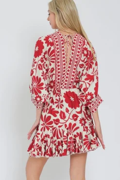 Waitlist 5/15 ♥ Flora Dolman Sleeve Floral Print Waist Tie Mini Dress Red