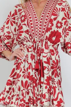 Waitlist 5/15 ♥ Flora Dolman Sleeve Floral Print Waist Tie Mini Dress Red