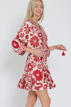 Waitlist 5/15 ♥ Flora Dolman Sleeve Floral Print Waist Tie Mini Dress Red