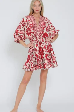 Waitlist 5/15 ♥ Flora Dolman Sleeve Floral Print Waist Tie Mini Dress Red