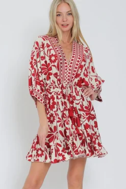 Waitlist 5/15 ♥ Flora Dolman Sleeve Floral Print Waist Tie Mini Dress Red