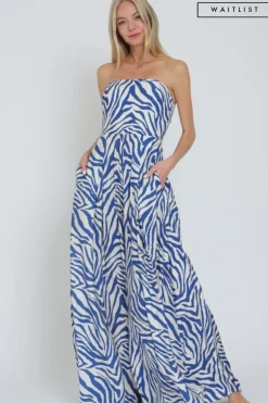 Waitlist 6/1 ♥ Francis Sleeveless Zebra Print Wide Leg Jumpsuit Blue