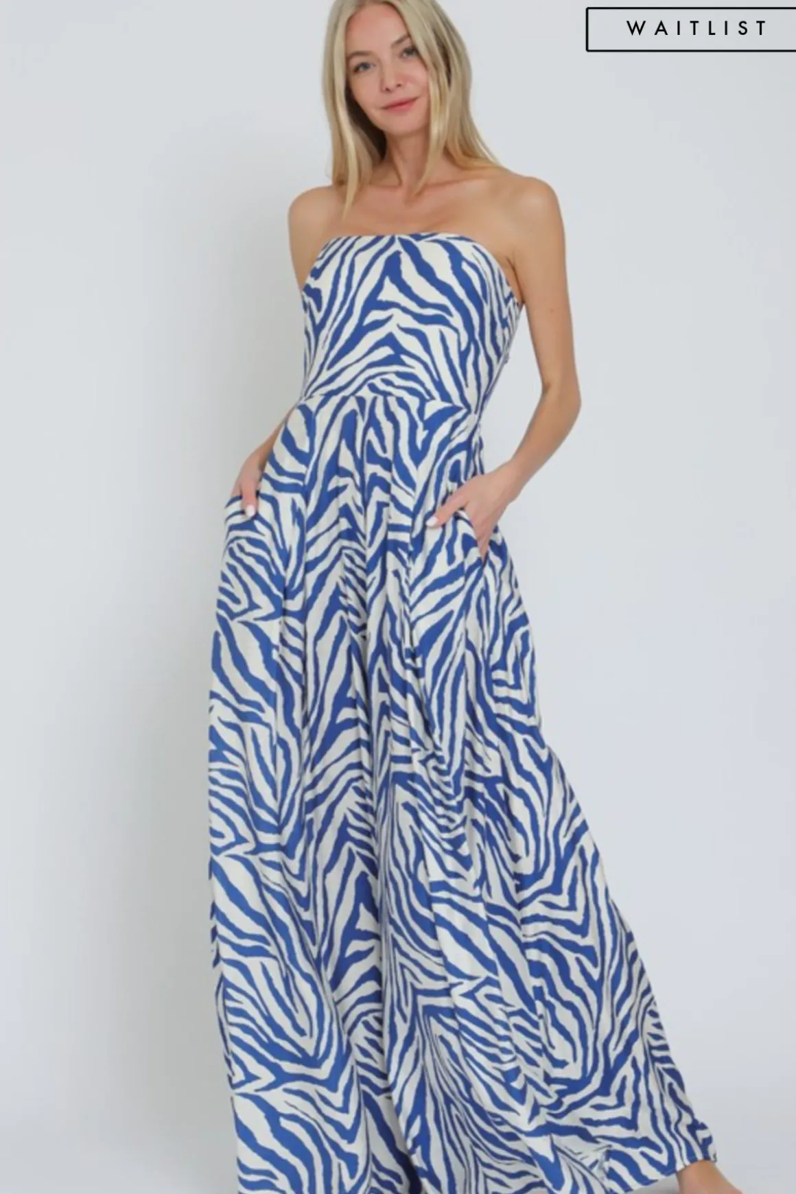 Waitlist 6/1 ♥ Francis Sleeveless Zebra Print Wide Leg Jumpsuit Blue