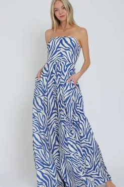 Waitlist 6/1 ♥ Francis Sleeveless Zebra Print Wide Leg Jumpsuit Blue
