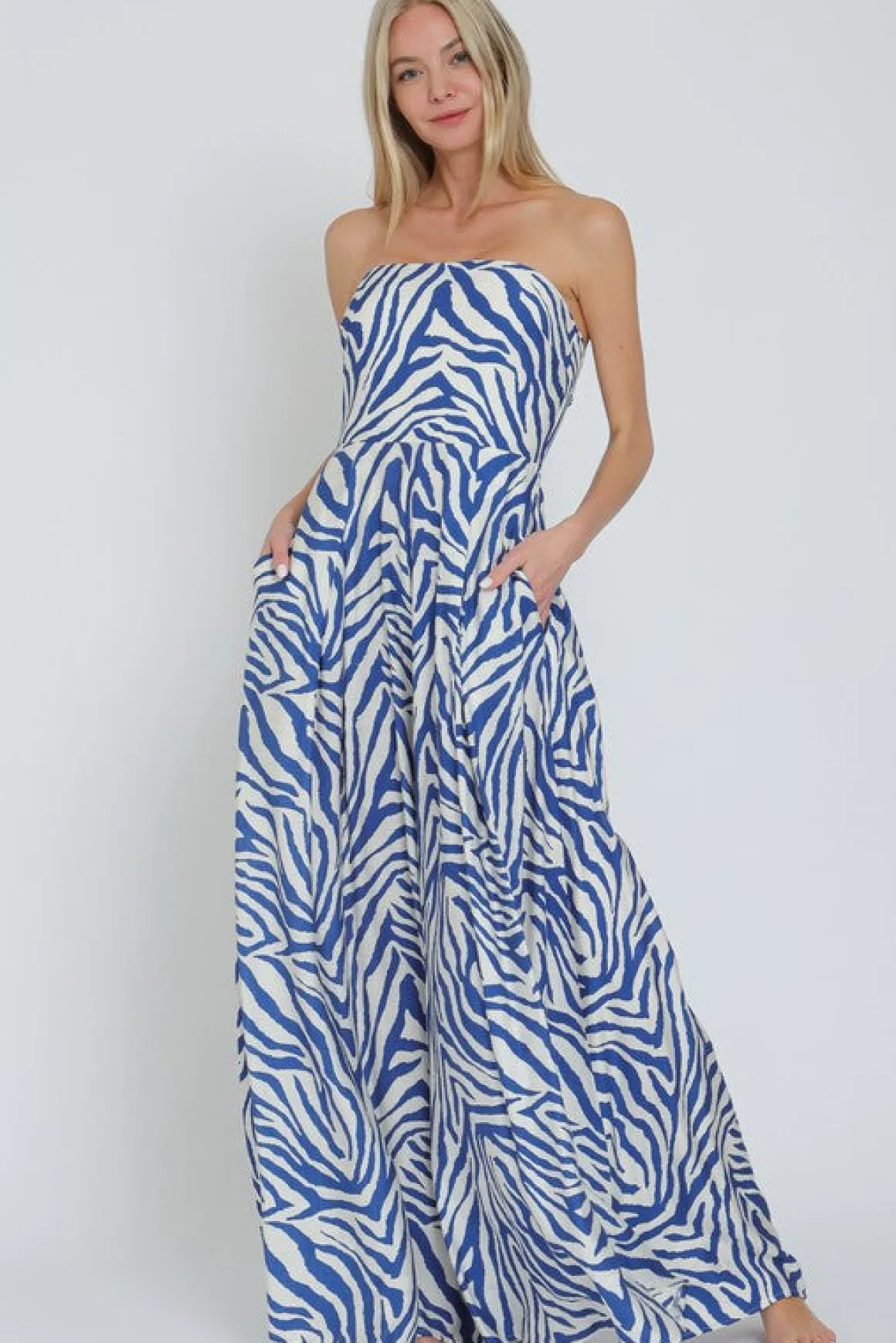 Waitlist 6/1 ♥ Francis Sleeveless Zebra Print Wide Leg Jumpsuit Blue