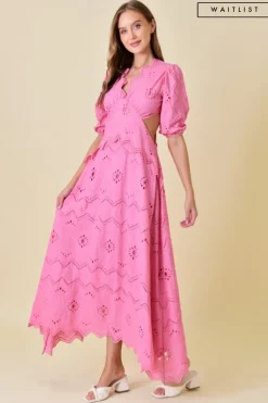 Waitlist 4/23 ♥ Gia Short Puff Sleeve Cut Out Eyelet Maxi Dress Pink