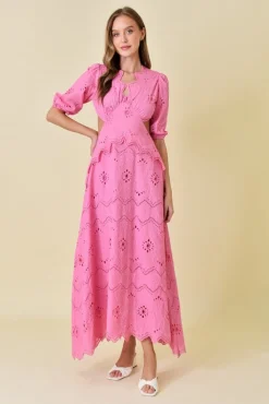 Waitlist 4/23 ♥ Gia Short Puff Sleeve Cut Out Eyelet Maxi Dress Pink