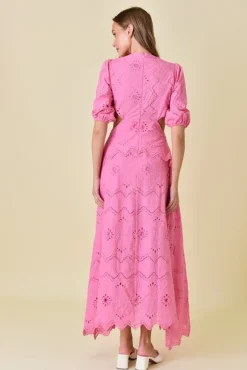 Waitlist 4/23 ♥ Gia Short Puff Sleeve Cut Out Eyelet Maxi Dress Pink