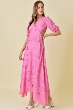 Waitlist 4/23 ♥ Gia Short Puff Sleeve Cut Out Eyelet Maxi Dress Pink
