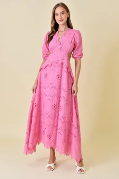 Waitlist 4/23 ♥ Gia Short Puff Sleeve Cut Out Eyelet Maxi Dress Pink