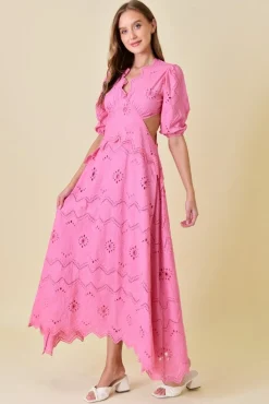 Waitlist 4/23 ♥ Gia Short Puff Sleeve Cut Out Eyelet Maxi Dress Pink