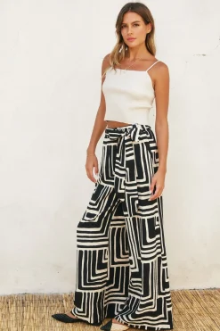 Waitlist 5/30 ♥ Gina High Waist Tie Abstract Print Wide Leg Pants Black
