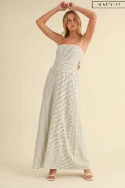 Waitlist 5/7 ♥ Giselle Sleeveless Open Back Tie Stripe Print Maxi Dress Ivory