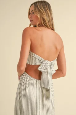 Waitlist 5/7 ♥ Giselle Sleeveless Open Back Tie Stripe Print Maxi Dress Ivory