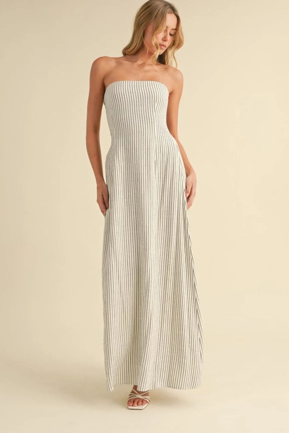 Waitlist 5/7 ♥ Giselle Sleeveless Open Back Tie Stripe Print Maxi Dress Ivory