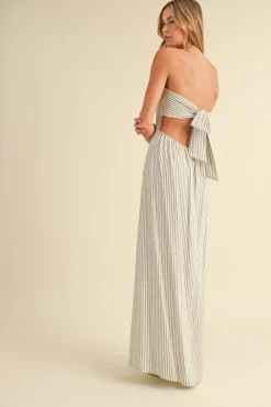 Waitlist 5/7 ♥ Giselle Sleeveless Open Back Tie Stripe Print Maxi Dress Ivory