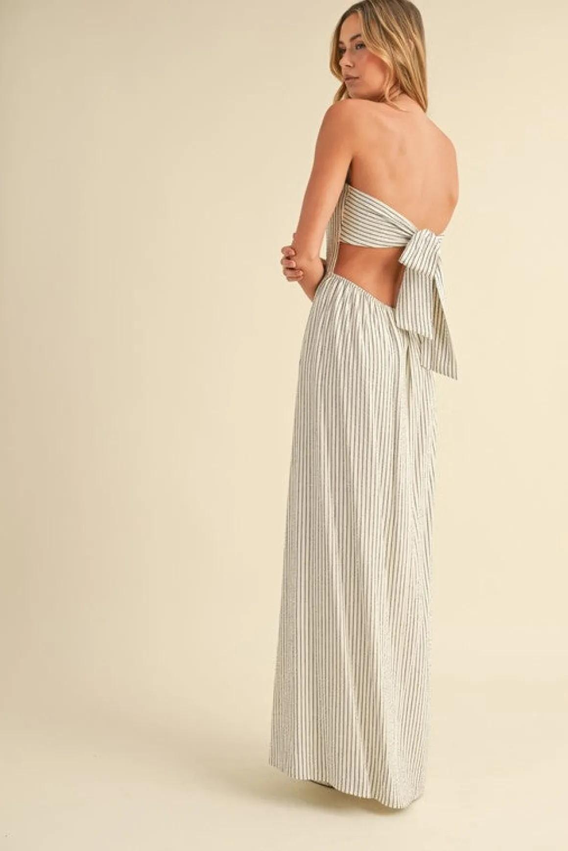 Waitlist 5/7 ♥ Giselle Sleeveless Open Back Tie Stripe Print Maxi Dress Ivory