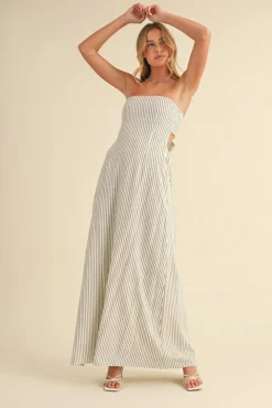 Waitlist 5/7 ♥ Giselle Sleeveless Open Back Tie Stripe Print Maxi Dress Ivory