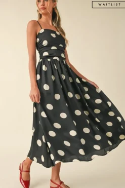 Waitlist 5/7 ♥ Grace Sleeveless Ruched Polka Dot Print Midi Dress Black