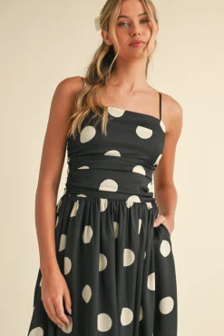 Waitlist 5/7 ♥ Grace Sleeveless Ruched Polka Dot Print Midi Dress Black