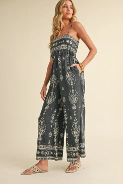 Waitlist 4/30 ♥ Hazel Sleeveless Abstract Print Wide Leg Jumpsuit Black