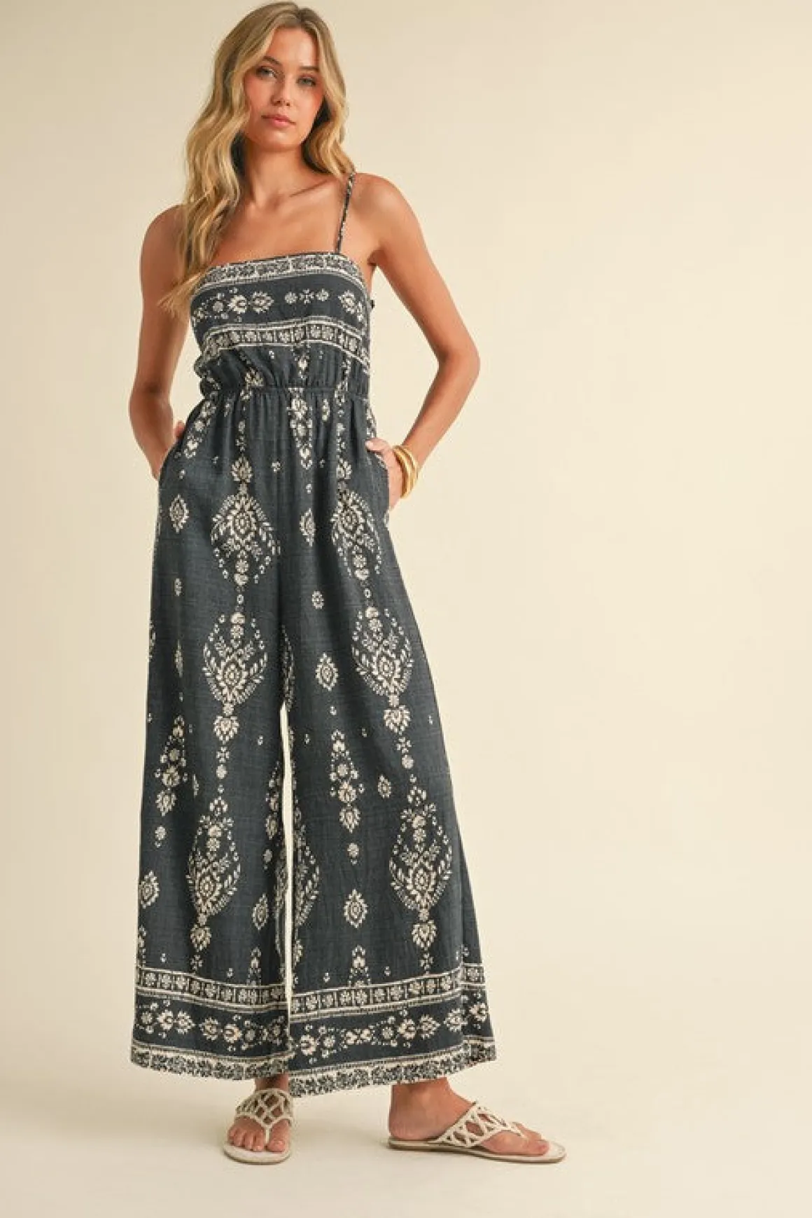 Waitlist 4/30 ♥ Hazel Sleeveless Abstract Print Wide Leg Jumpsuit Black