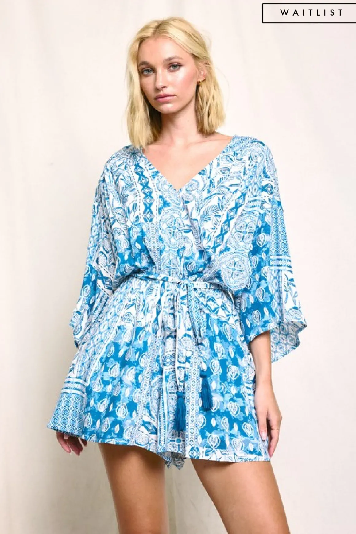 Waitlist 5/14 ♥ Jacie Kimono Sleeve Abstract Print Romper Blue