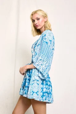 Waitlist 5/14 ♥ Jacie Kimono Sleeve Abstract Print Romper Blue